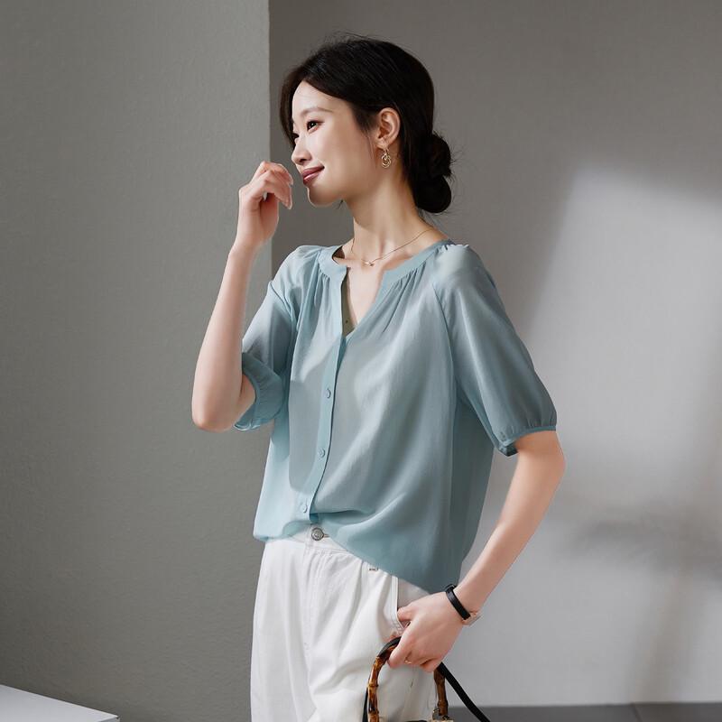 SOFSIL Women s Mulberry Silk V-Neck Short Sleeve Blouse M