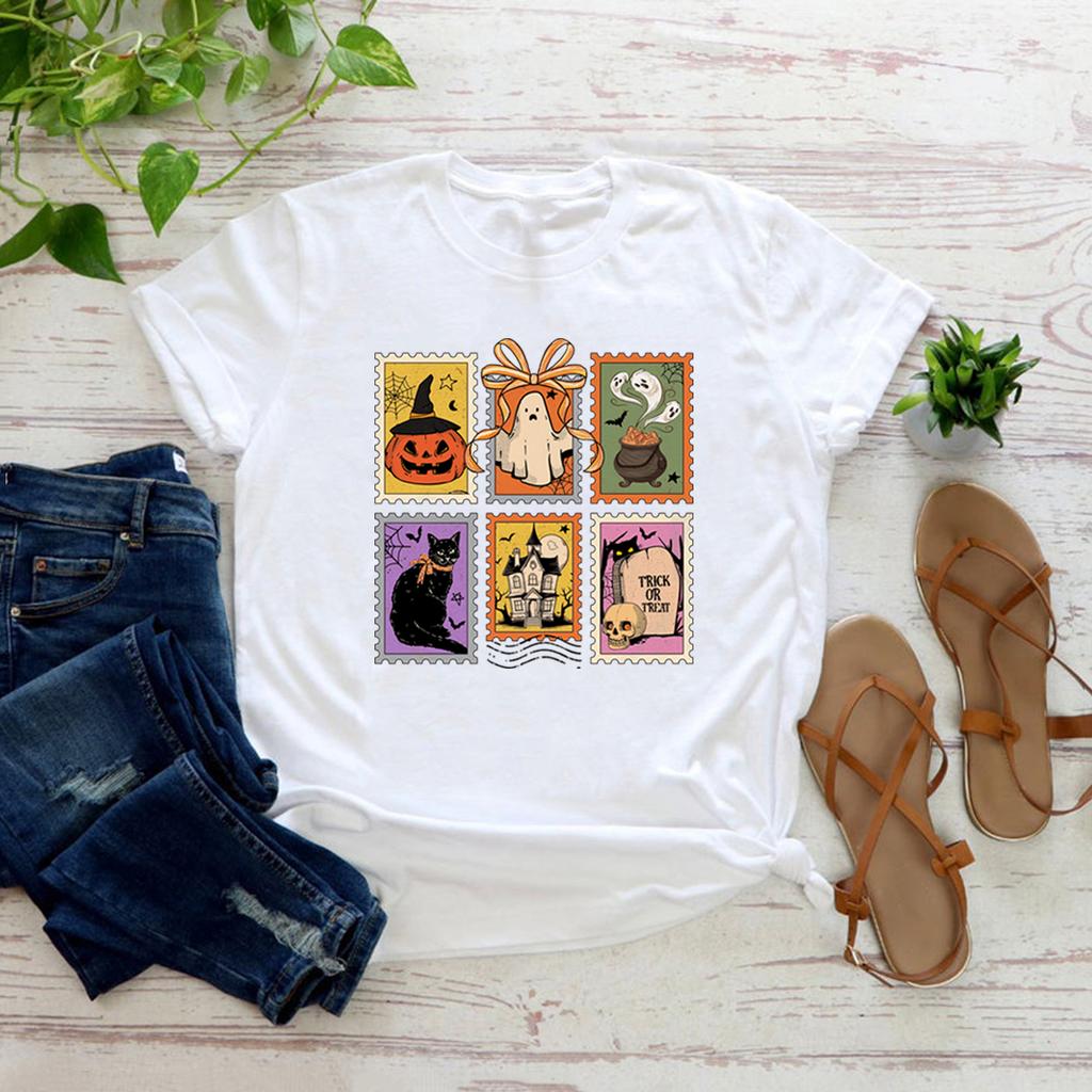 Retro Halloween Cat Ghost T-Shirt Ghost Tee Women's Halloween T-shirt Short Sleeve Spooky Season T Shirt Aesthetic Clothes