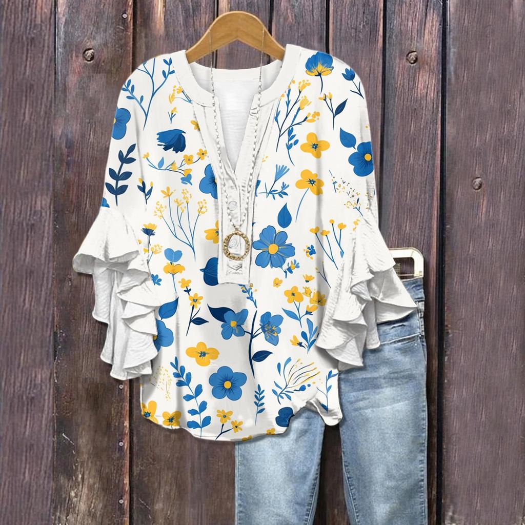 Summer Tops For Women Cute V Neck 3/4 Sleeve Blouses Floral Print Top Casual Shirts