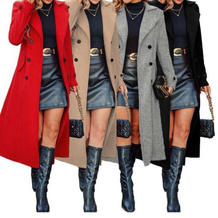 Casaco Peacoat Clássico de Lã com Lapela Notch Longa Casaco Trench Coat Feminino Casual Outono Inverno Sobrecasaco