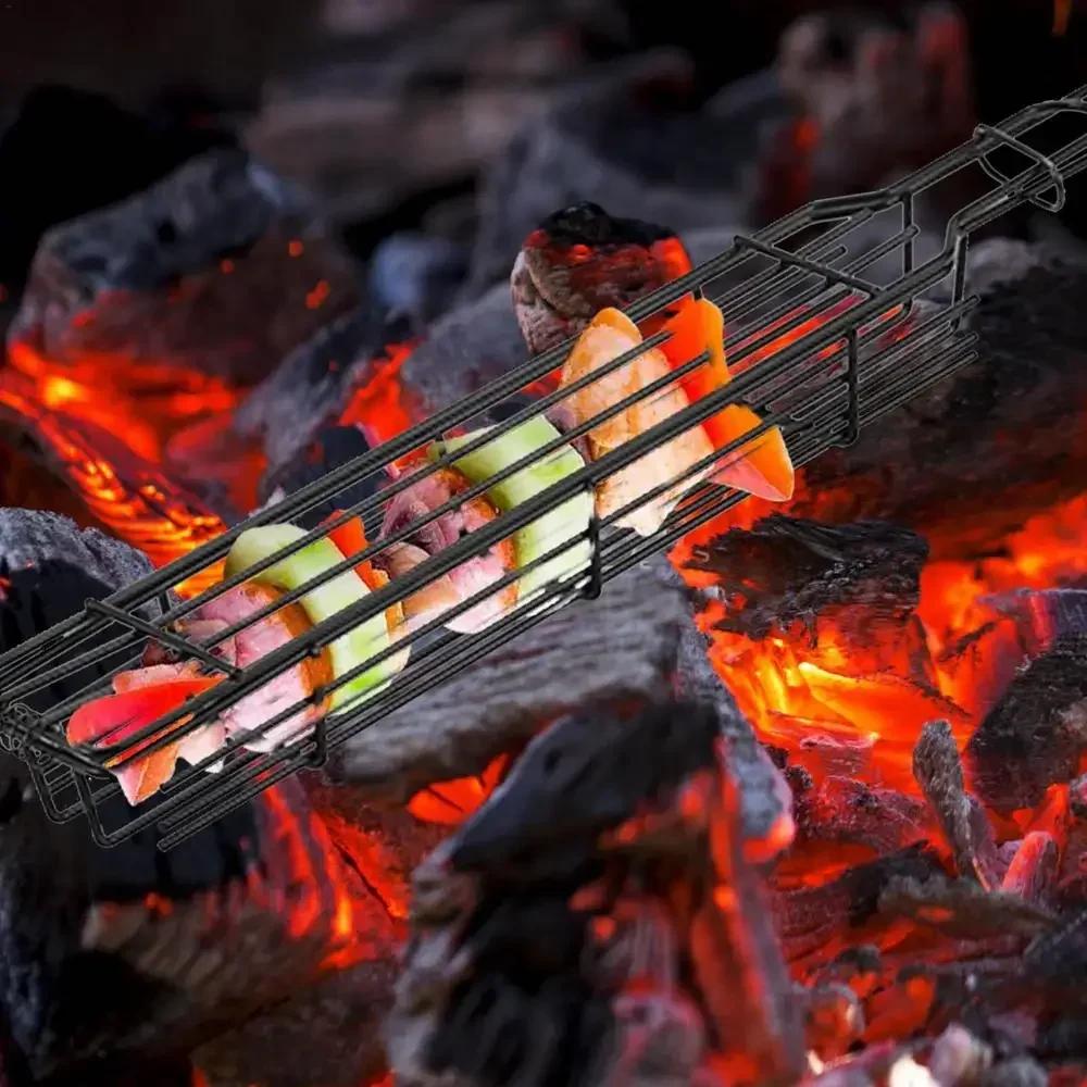 2pcs Portable BBQ Grilling Basket Stainless Steel Nonstick Barbecue Grill Basket Tools Grill Mesh for Meat Hamburger Barbecue Tools