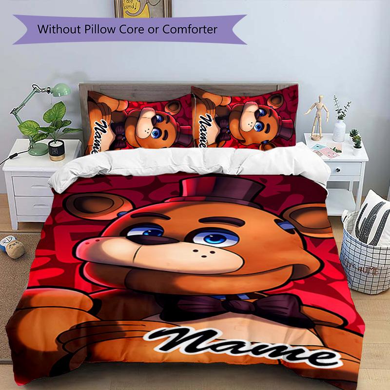 3pcs Freddy Bear2 Cover Set - Personalized Name, HD Printed Bedding with 1 Cover and 2 Pillowcases - Perfect for Home Decor, Easy Care
