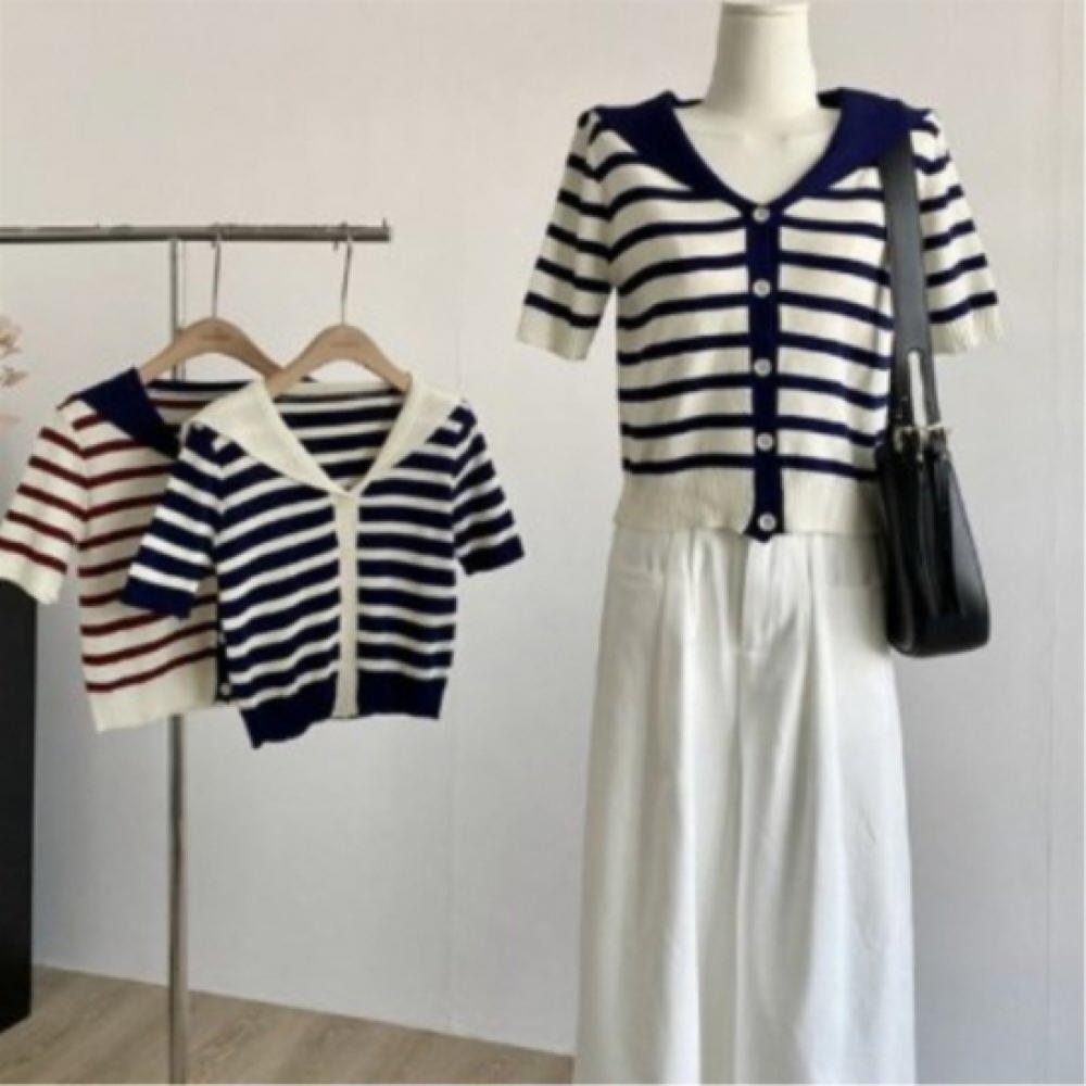New Arrivals Open Run Women Sailor Collar Neck Short Sleeve Striped Cardigan