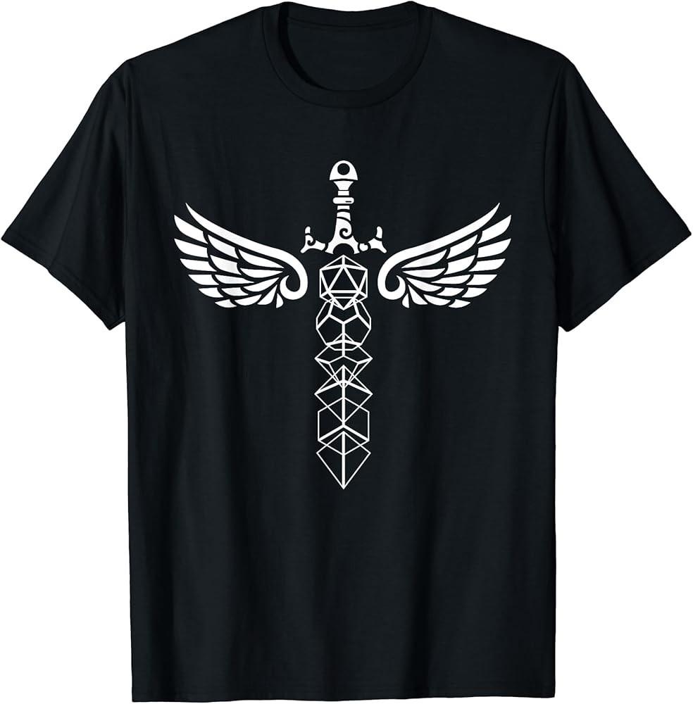 Nerdy Winged Polyhedral Dice Set Sword Minimalist TShirt Unisex T-Shirt M