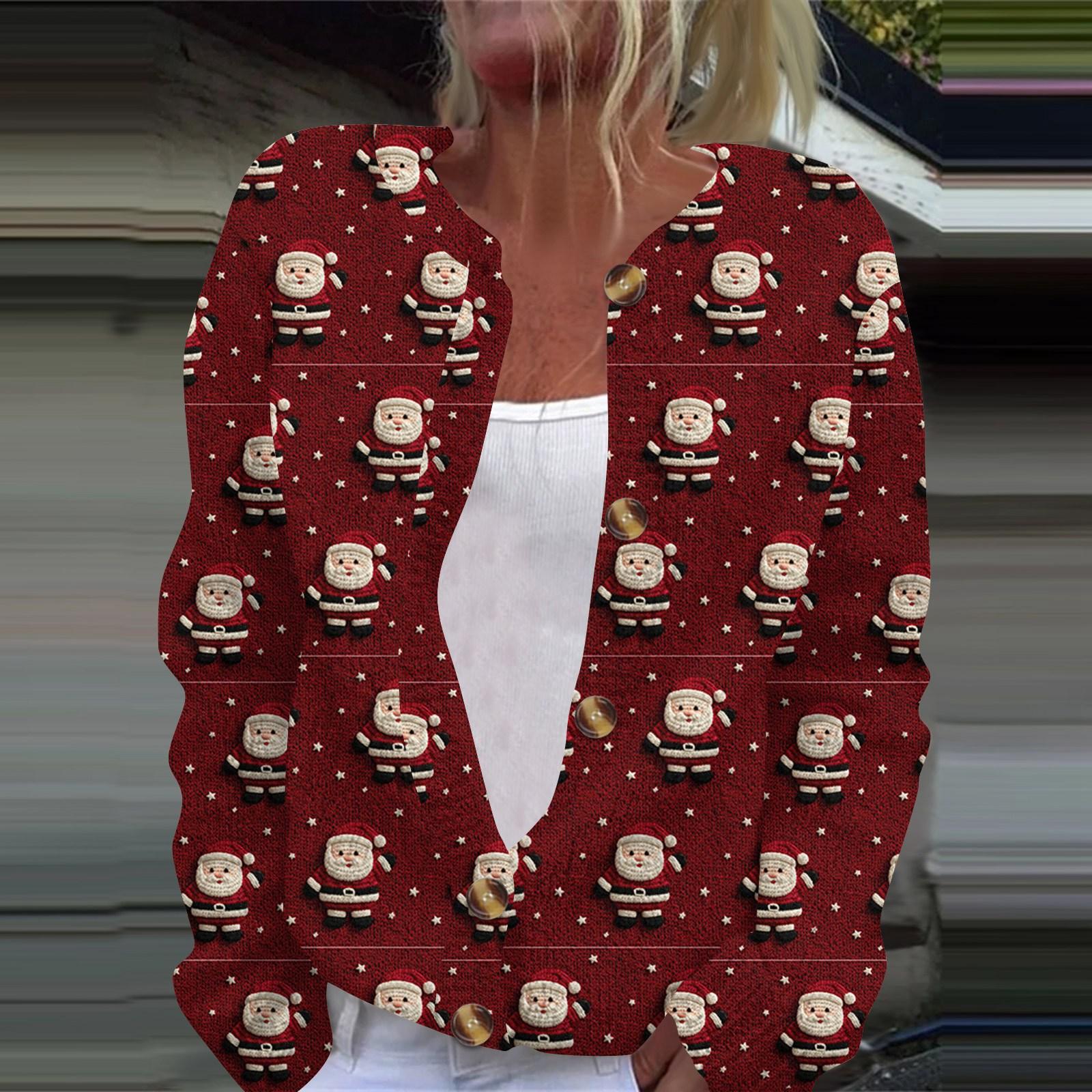 

Женская мода рождественский принт длинный рукав вязаный кардиган пуховик XL арбуз красный