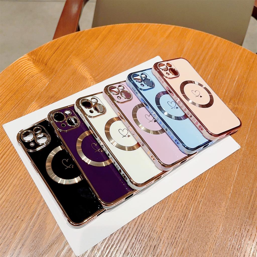 For iPhone 15 Case Compatible with MagSafe Electroplated TPU Phone Cover Hollow Love Hearts