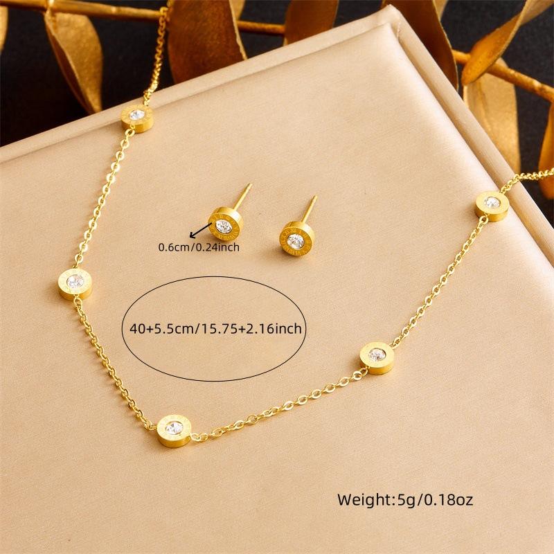 Diamond Roman Numeral Round Medal Chain Set Necklace Earrings Bracelet Gold Jewelry Accessories