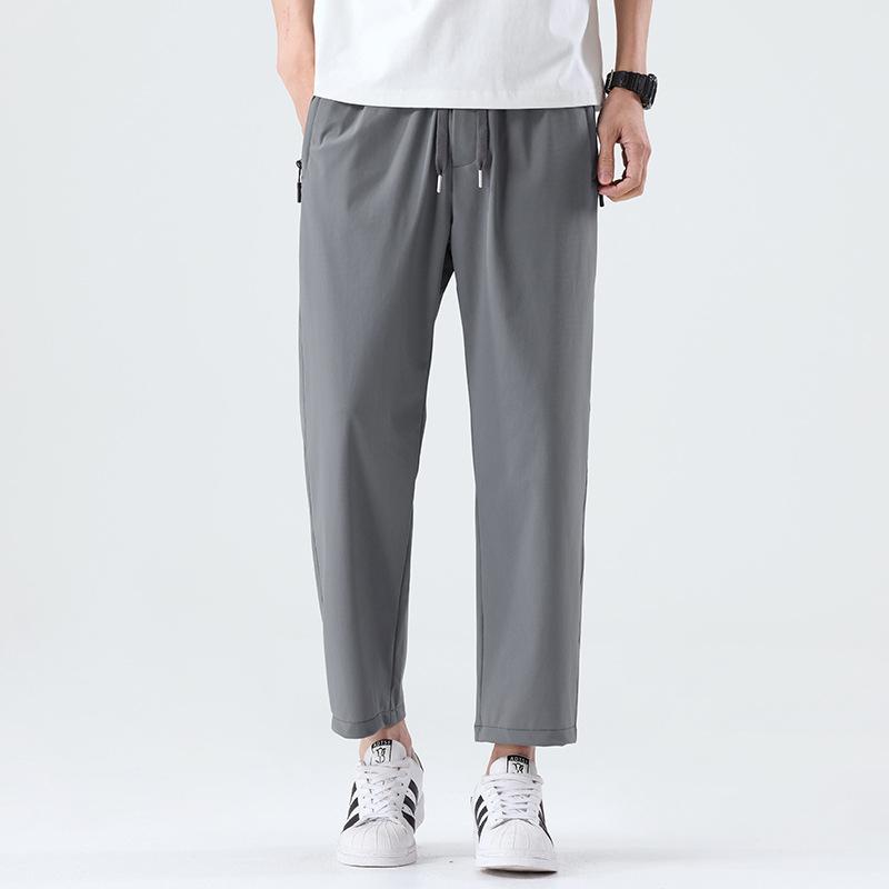 Summer New Four-sided Elastic Ice Silk Thin Casual Pants Men's Solid Color Simple Loose Straight Sports Casual Nine-point Pants