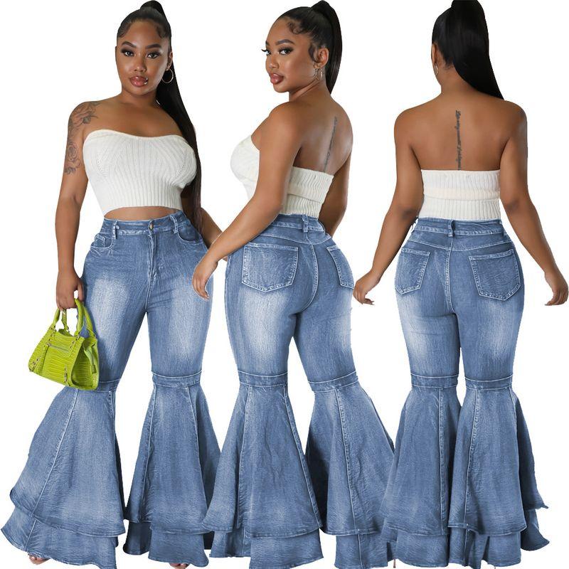 

Cross-Border Hsf2645 Amazon Hot Sale European and American Fashion All-Match Wide Leg Washed Denim Stretch Flared Pants Dark blue About 82.50 kg-92.50 kg recommended