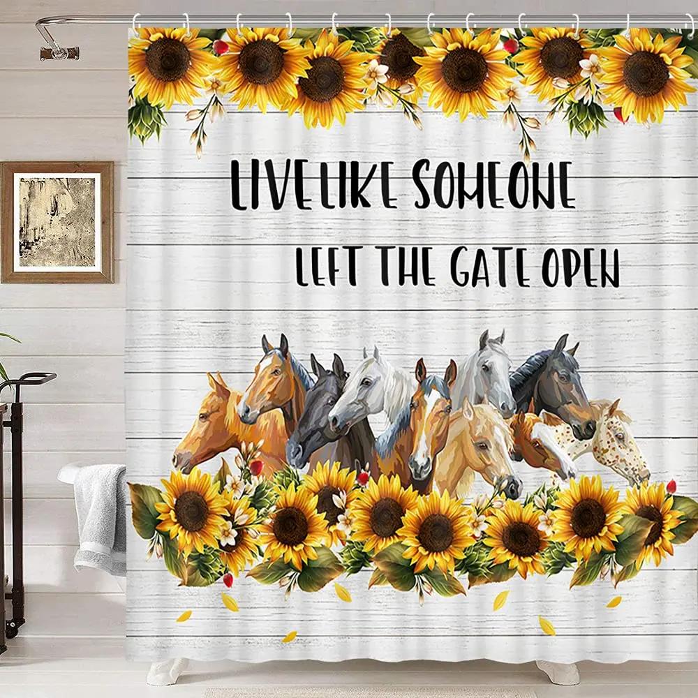 Horse Shower Curtain Western Masculine Horses Run In Farm Field Animal Farmhouse Bath Curtain Waterproof Polyester Fabric Decor