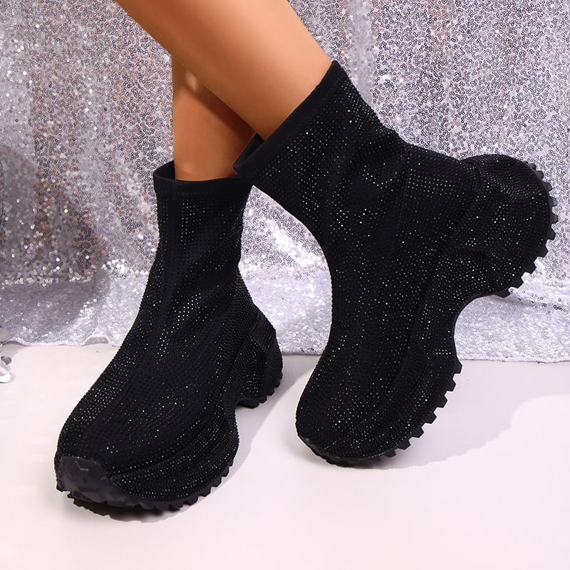 Fashion Luxury Rhinestone Platform Ankle Boots for Women 2025 New Hot Pink Thick Bottom Street Shoes Woman Fashion Slip On Chunky Boots
