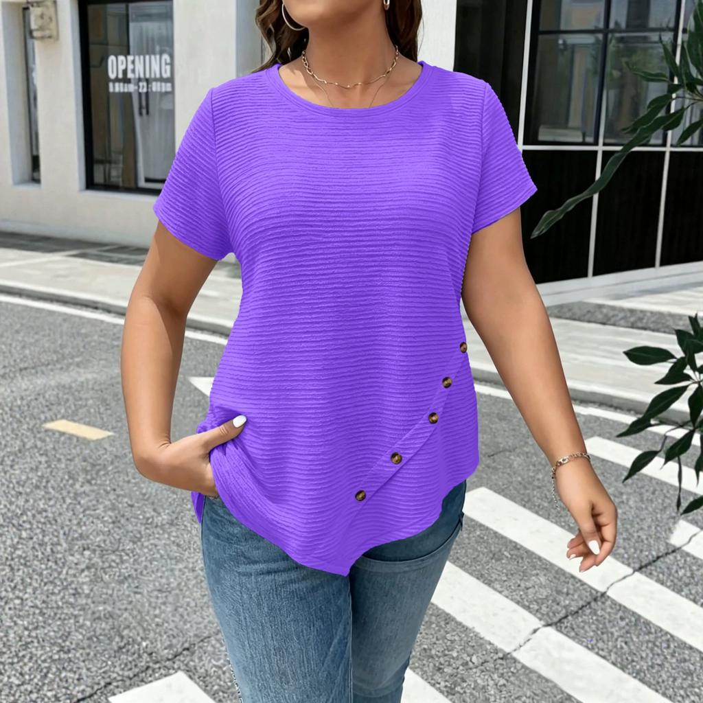 Women's Loose Fit Short Sleeve Casual T Shirt Asymmetric Hem Button Detail Lightweight Soft Fabric Comfortable Everyday Wear
