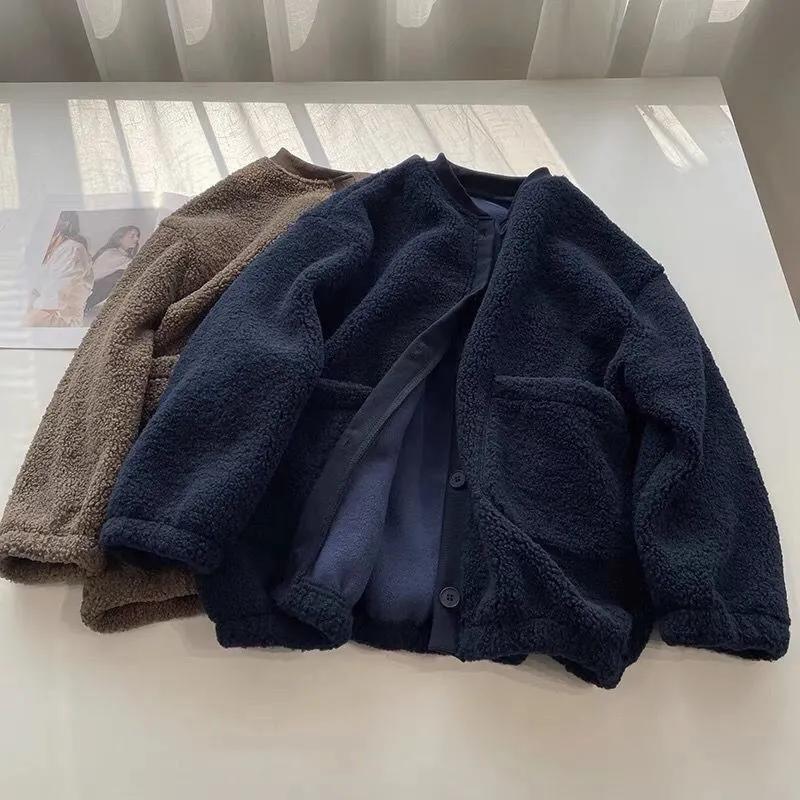 Women's Autumn/Winter Lamb Wool Cardigan Sweatshirt Student Solid Color Thick Fleece-Lined Jacket