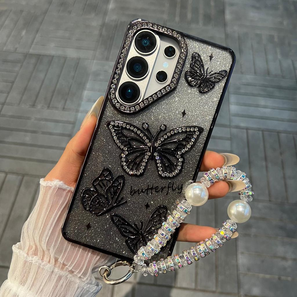 Funda de Teléfono Antigolpes con Mariposa Brillante y Pedrería para Samsung S26 Ultra/S24 Plus A16