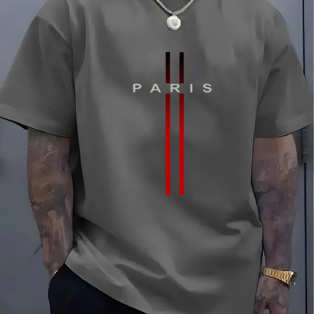 Summer Casual Loose PARI Letter Pattern Printed T-shirts Round Neck Short Sleeved Men's T-shirts