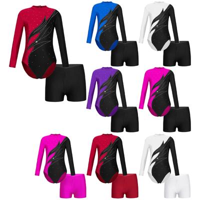 Kids Girls Dance Clothing Set Long Sleeve Mock Neck Shiny Rhinestones Decor Leotard Jumpsuit and Shorts