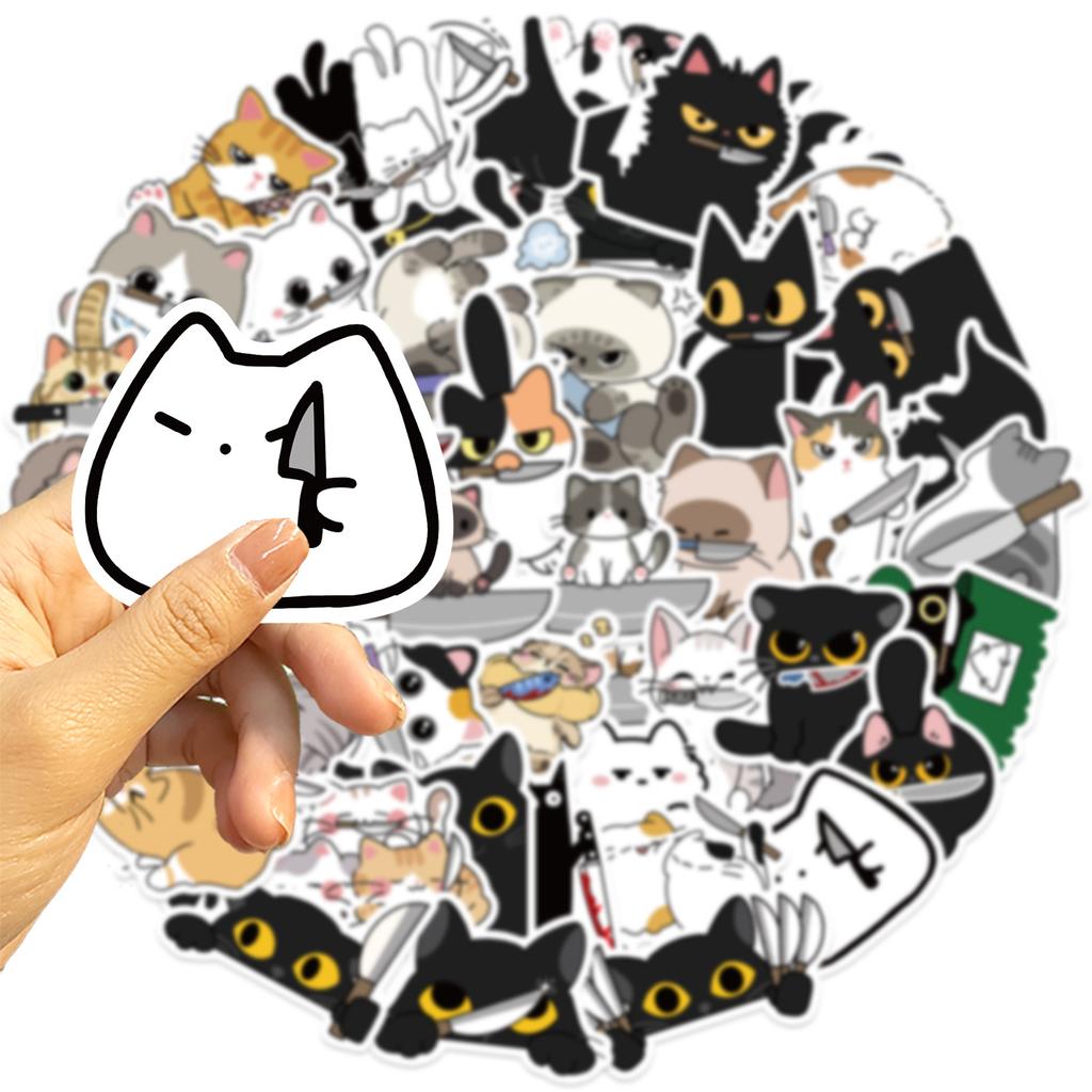 50 Cartoon Kitten with Knife Graffiti Stickers Decorate Guitar Notebook Suitcase DIY Waterproof