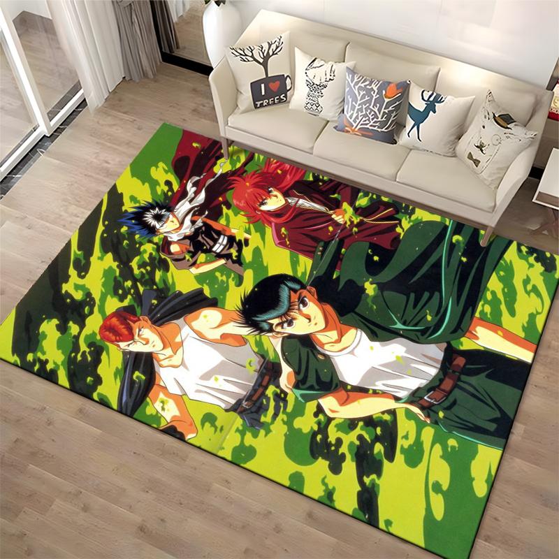 "Anime Style Green Camouflage Carpet with Bold Vibrant Characters Print" Suitable for use as an anti-slip for living room bedroom sofas