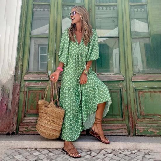 Women Dress V Neck Three Quarter Bubble Sleeve Geometric Print Loose Patchwork A-line Big Hem Flowy