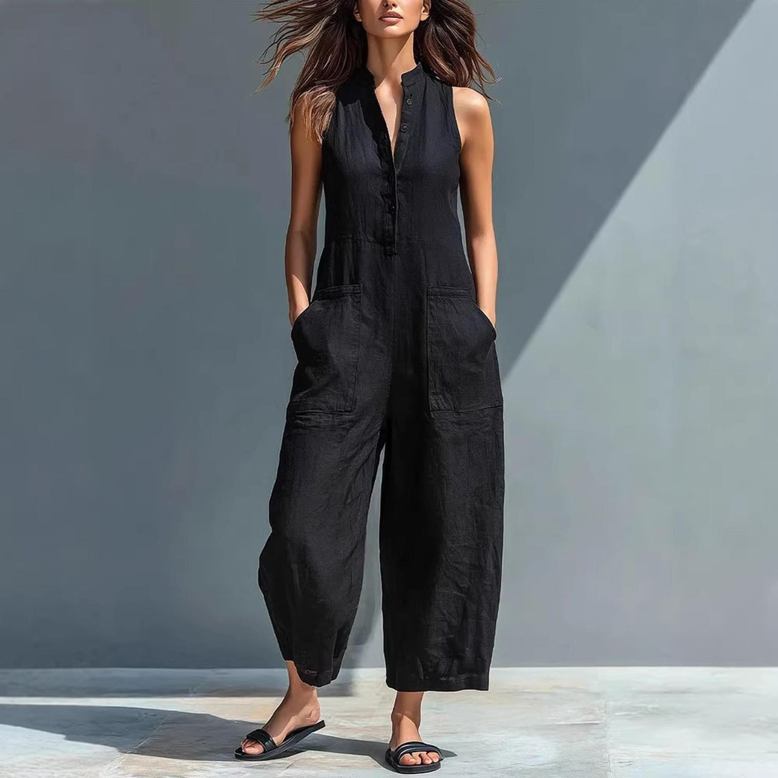 Women s Fashionable And Casual Buttoned V-neck Sleeveless Pocket Jumpsuit L чёрный