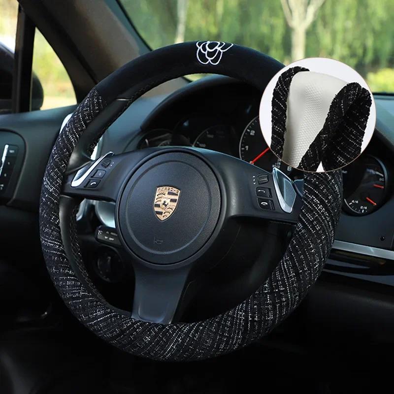 Car Steering Wheel Cover Embroidered Camellia Winter Plush Comfort Car Handle Cover Goddess Steering Wheel Cover