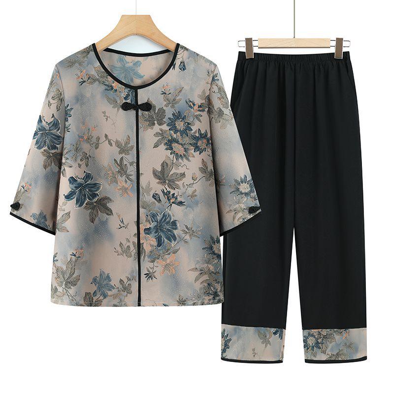 

Grandma s Summer Two-Piece Set: Lightweight Mid-Sleeve T-Shirt for Elderly Moms XL (suggested 80-105 jin)