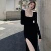 High Split O Neck Long Sleeve Black Dress Women Chic Slim Mid Length
