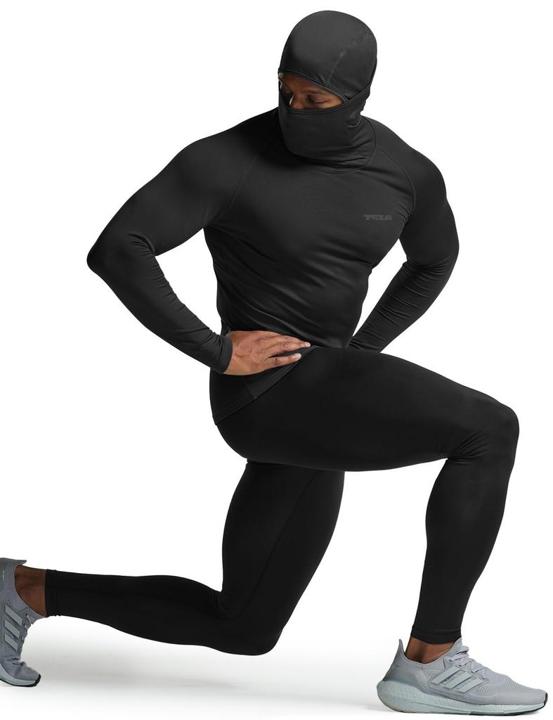 Tesla Sports and Long Sleeve Hoodie with Mask and Face Compression Cold Inner Running Sports Thermal Men's Undershirt, Fleece-Lined, Moisture-Wicking,