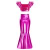 Girls Stage Performance Set Square Collar Metallic Crop Top Ruffled Sleeves Sequins with Split Bell Bottom Shiny Pants for Jazz Dance Recital