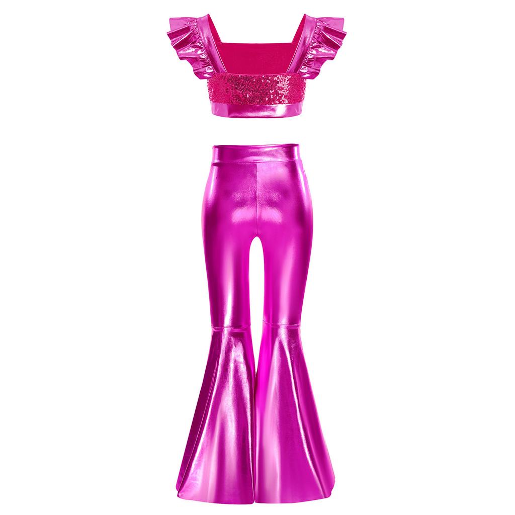 Girls Stage Performance Set Square Collar Metallic Crop Top Ruffled Sleeves Sequins with Split Bell Bottom Shiny Pants for Jazz Dance Recital