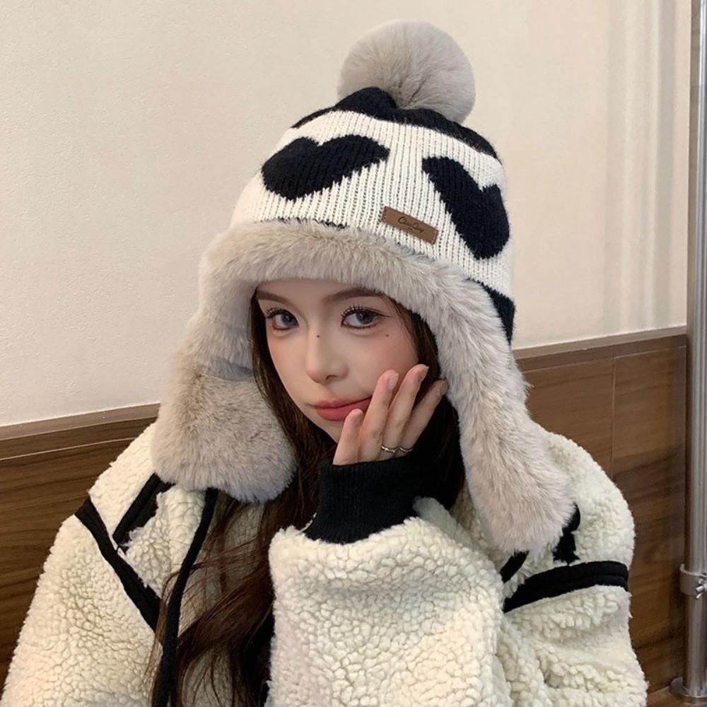 Polyester Trapper Hat Pom Pom Thick Warm Lining Winter Hat Heart Pattern Ear Flap Hat For Women