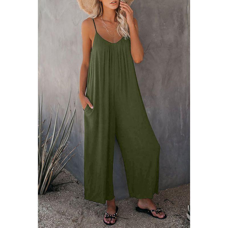 

European and American Women s Clothing Sexy V-neck Strap Loose Jumpsuit Women Sexy Suspender Jumpsuit Green 2 L