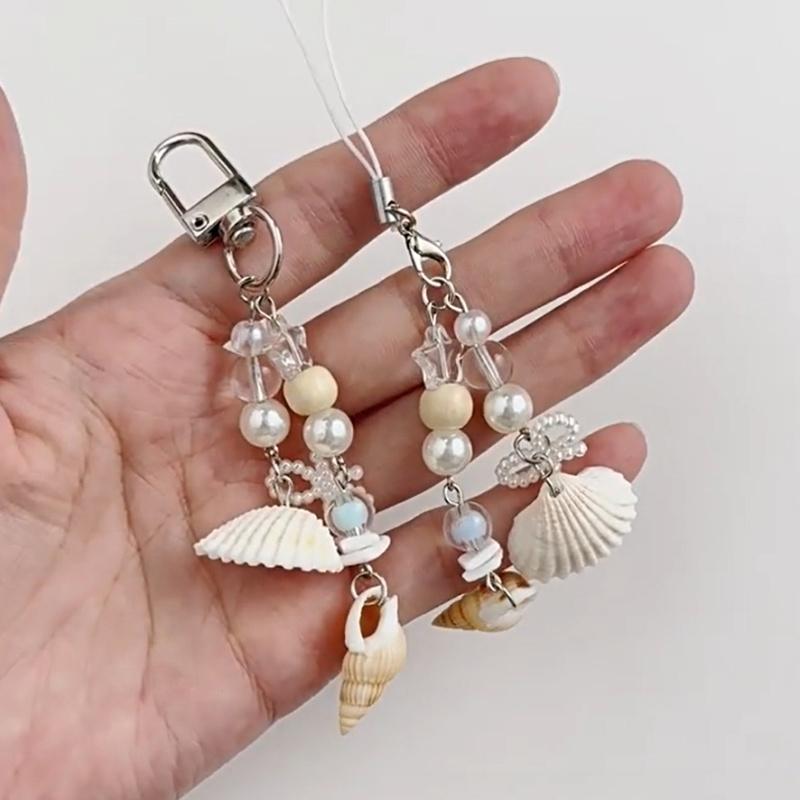 Ocean Style Pearl Bow Shell Conches Charm Beaded Mobile Phone Chains Keychain Pendants Girly Bag Hanging Ornaments Gifts