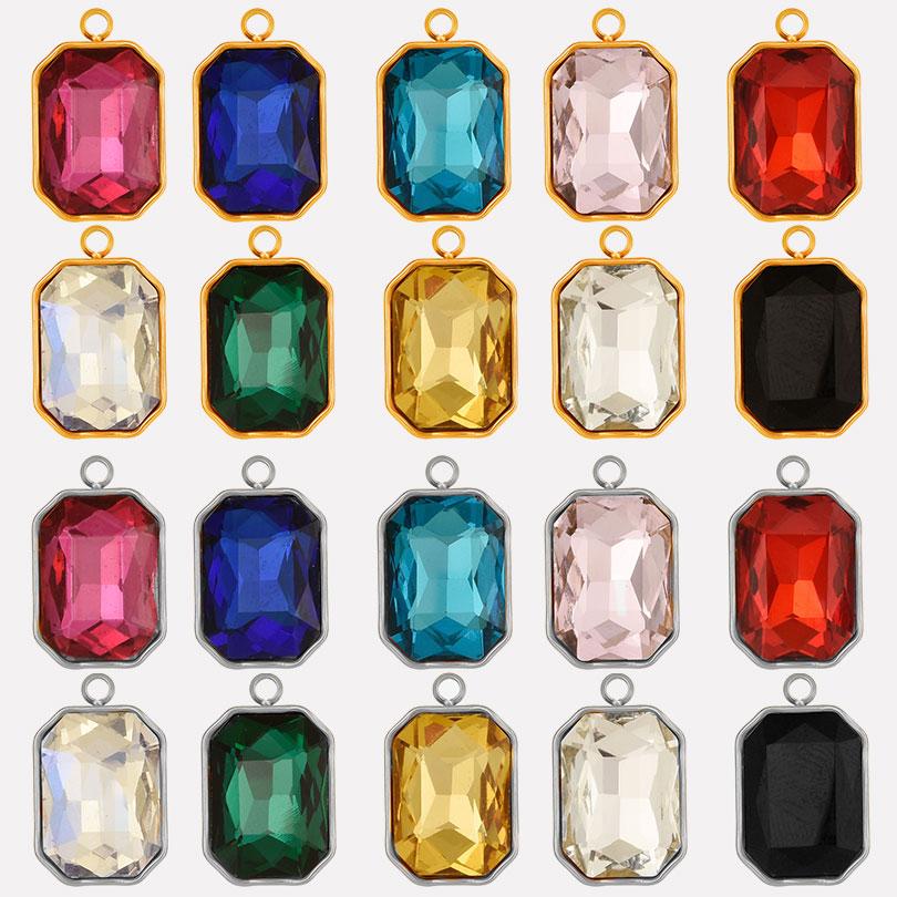 High Quality Big Glass Rhinestone Stainless Steel Rectangle Charms For Jewelry Making Supplies Real Gold Plated No Fade Pendants
