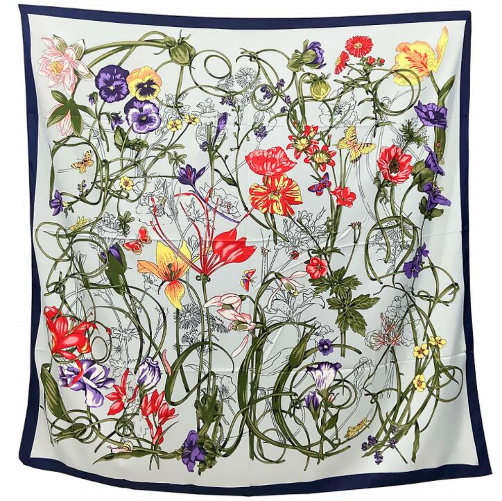 New Arrival Brand Shawl 100% Twill Silk Scarf Hyacinth Floral 130cm Square Scarves Print Kerchief Bandana Woman Headband Hijab
