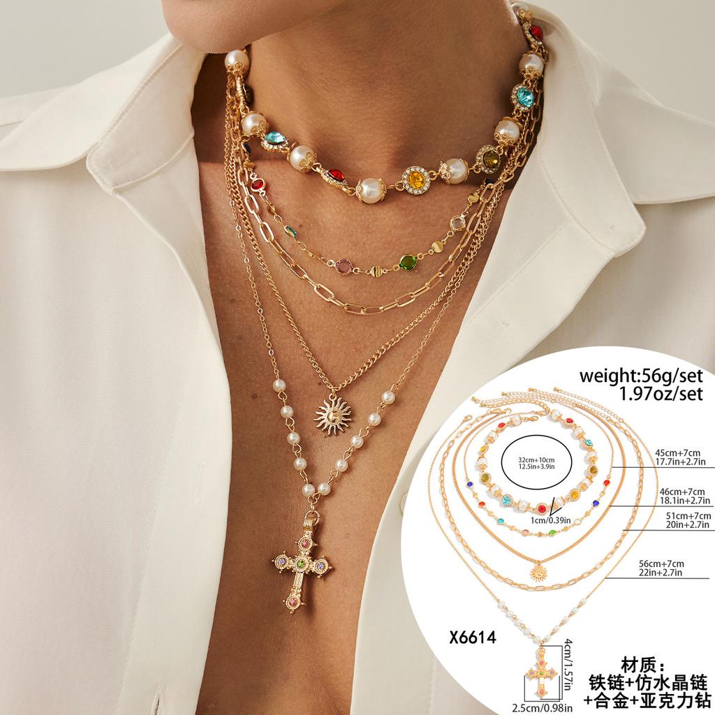 Hip-Hop Diamond-Encrusted Cross Pendant Necklace, Fashionable Imitation Pearl Flower Chain Stacked Necklace