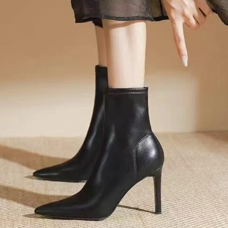 Side Zip Slim Heel Single Boots Women's Fashion Pointed Toe Non-Slip Wear-Resistant Short Cylinder