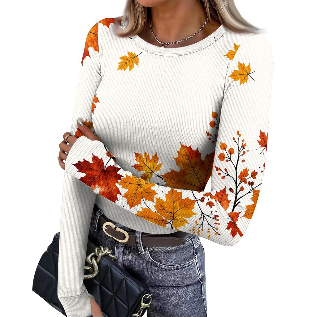 Women's Fitted Long Sleeve T-Shirt with Maple Leaf Print, Neck and Cuffs for Everyday Wear