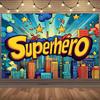 1 piece of superhero-themed background fabric, featuring colorful city scenes and star patterns