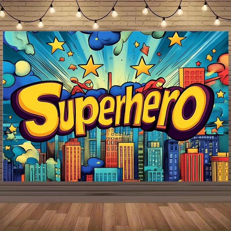 1 piece of superhero-themed background fabric, featuring colorful city scenes and star patterns