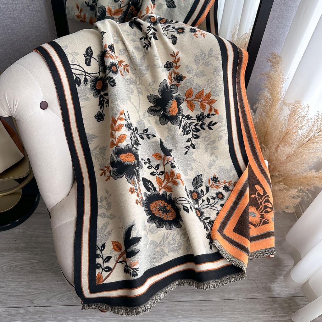 Elegant Flowers Jacquard Pashmina Imitation Cashmere Scarf Winter Thick Warmth Two-Sided Shawl Coldproof Windproof Blanket Scarf