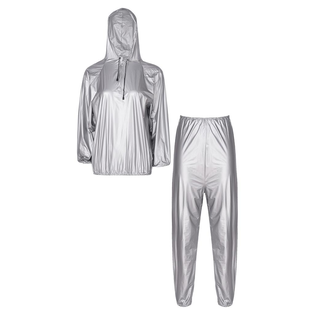 Unisex PVC Sports Suit Long Sleeve Zipper Hooded Top Elastic Waistband Pants Fitness Workout Outfits