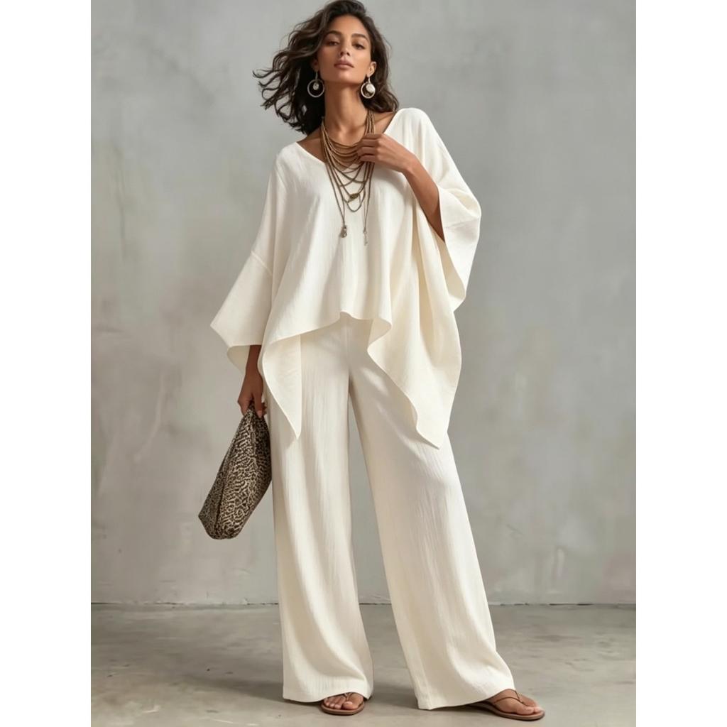 Women's new loose V-neck top high waist wide legs casual vacation style solid color suit