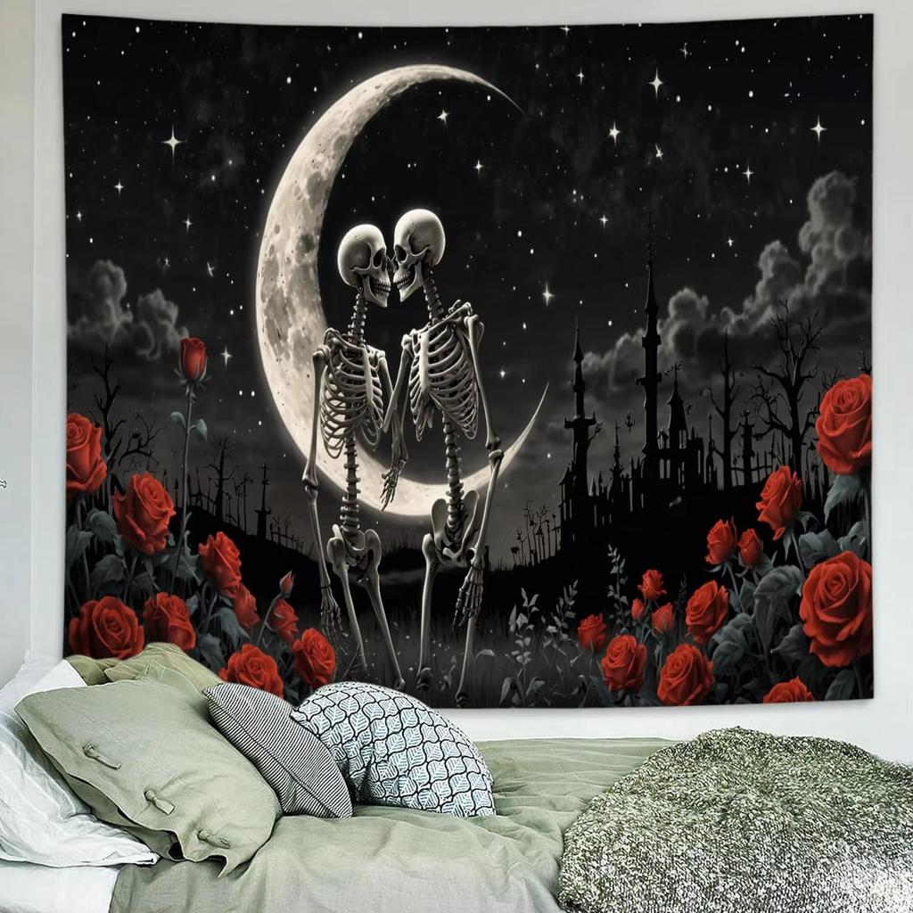 Black White Gothic Skull Tapestry, Romantic Constellation Skeleton Psychedelic Floral Art For Bedroom Headboard Living Room