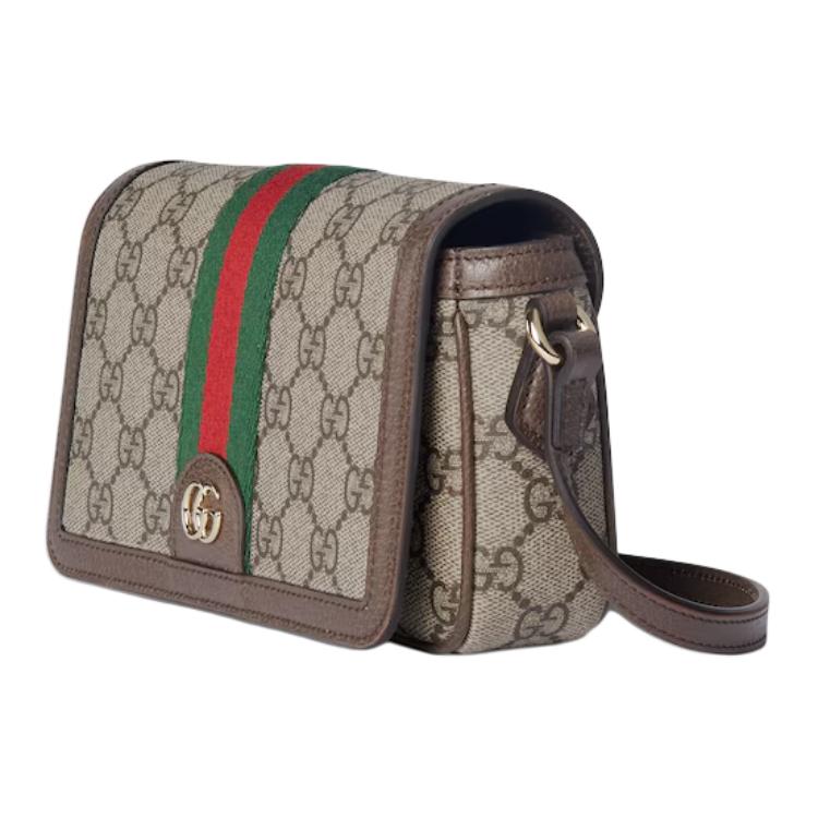 Gucci Gucci GG Supreme Canvas Crossbody Bag, Brown Leather Trim Web Stripe, Women's Daily Business Travel Shoulder Bag 838471-FAE0P-9746