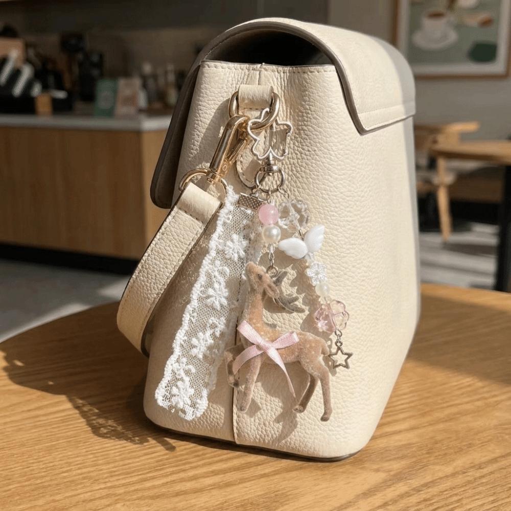 Coquette Style Fawn Keychain Ribbon Bow Design Phone Charms Cute Bag Pendant Bag Decoration