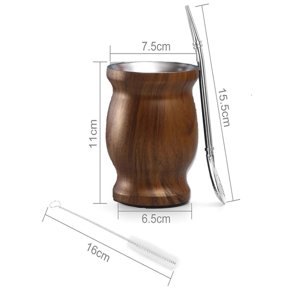 Stainless steel mate tea cup and set with straw cleaning brush for easy cleaning. Perfect for any room or office. (Wood grain)