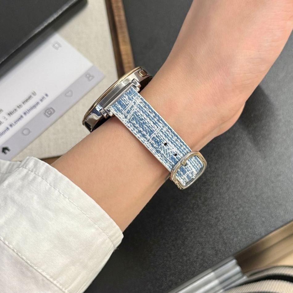 18/20/22MM Watch Bands For Samsung Galaxy Watch 8/7/4 6 Classic 5 Pro Square Metal Denim Leather Strap For Amazfit Bip/GTS GT2