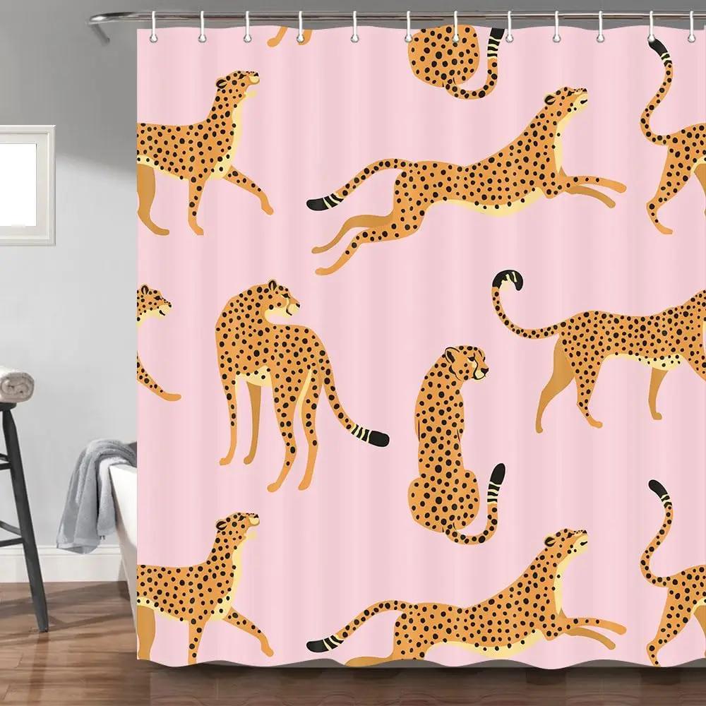 Leopard Fabric Shower Curtain, Tropical Animal Cheetah Shower Curtain For Bathroom, Pink With Hook 180X180Cm