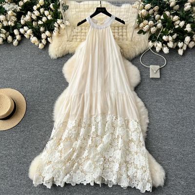 Frauen Mode Stickerei Blume Spitze Aushöhlen Sommer Kleid Casual Ärmellose Lose Urlaub Strand Kleider